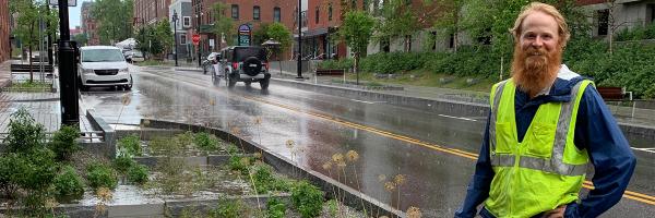 James Sherrard, Burlington, VT. Photo: Paul Chapin James Sherrard near rain garden along city street